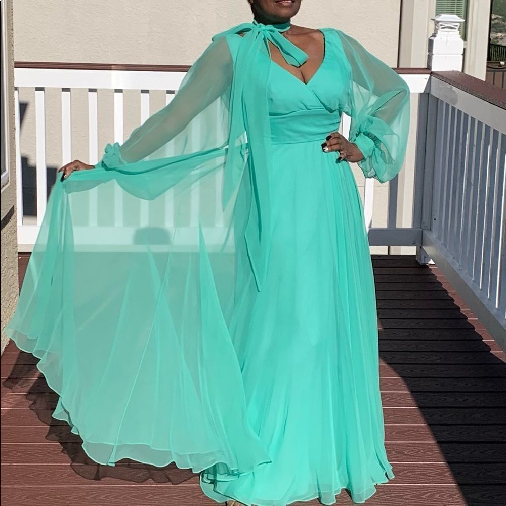 𝅺Vintage Green Pleated Chiffon Maxi Dress‎